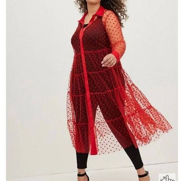 torrid Other - Torrid Heart Design Red Sheer Mesh Long Sleeve Button Kimono Romantic Modern NWT